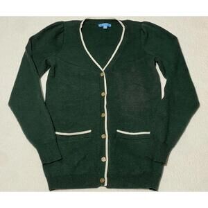 Draper James Green Cardigan Sweater with Cream Trim - XS